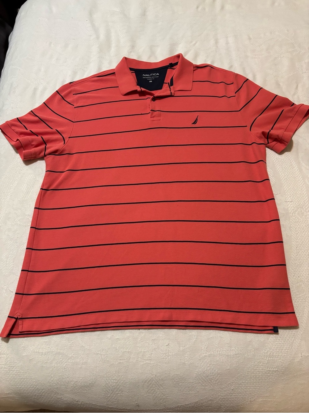 Nautica Men’s Coral Red Polo with Navy Stripes